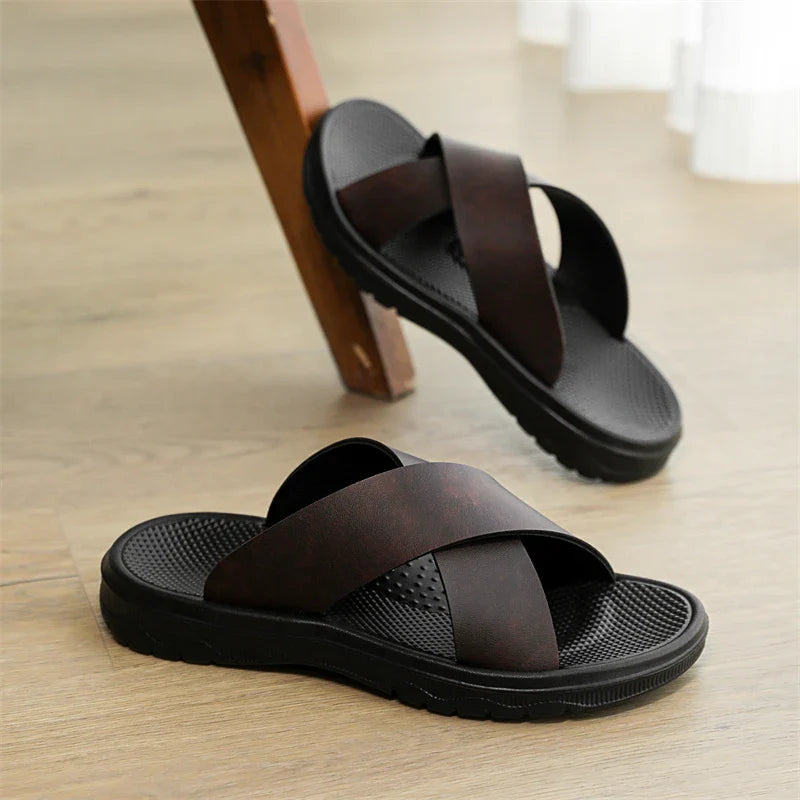Men's Cross-Strap Slide Sandals - Open Toe - Flat Rubber Sole