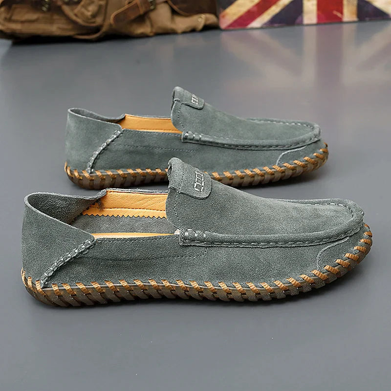 Men's Suede Slip-On Loafers - Rounded Toe - Stitched Moccasin Sole