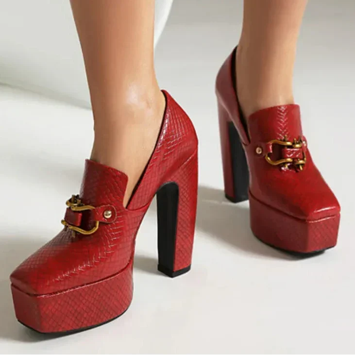 Women's Platform Heels – Square Toe Block Heel Loafer Pump with Metal Chain Detail