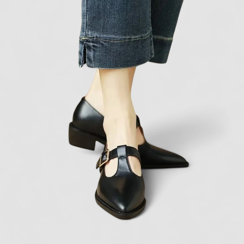 Women's Leather Pointed Toe Mary Jane Flats - T-Bar Strap - Block Heel