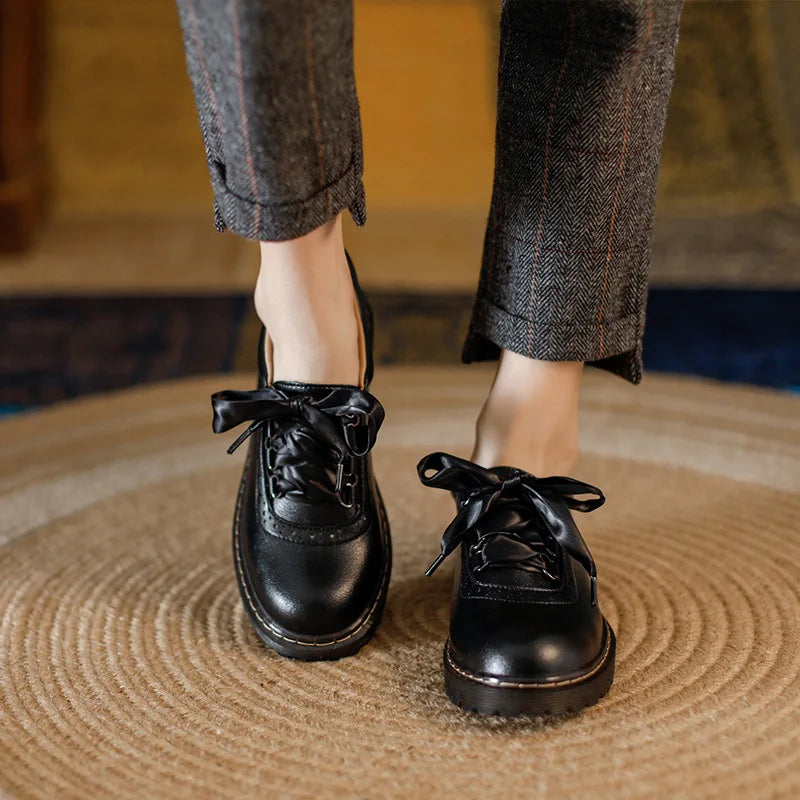 Women's Leather Lace-Up Oxford Shoes - Rounded Toe - Brogue Detail - Chunky Ridged Outsole