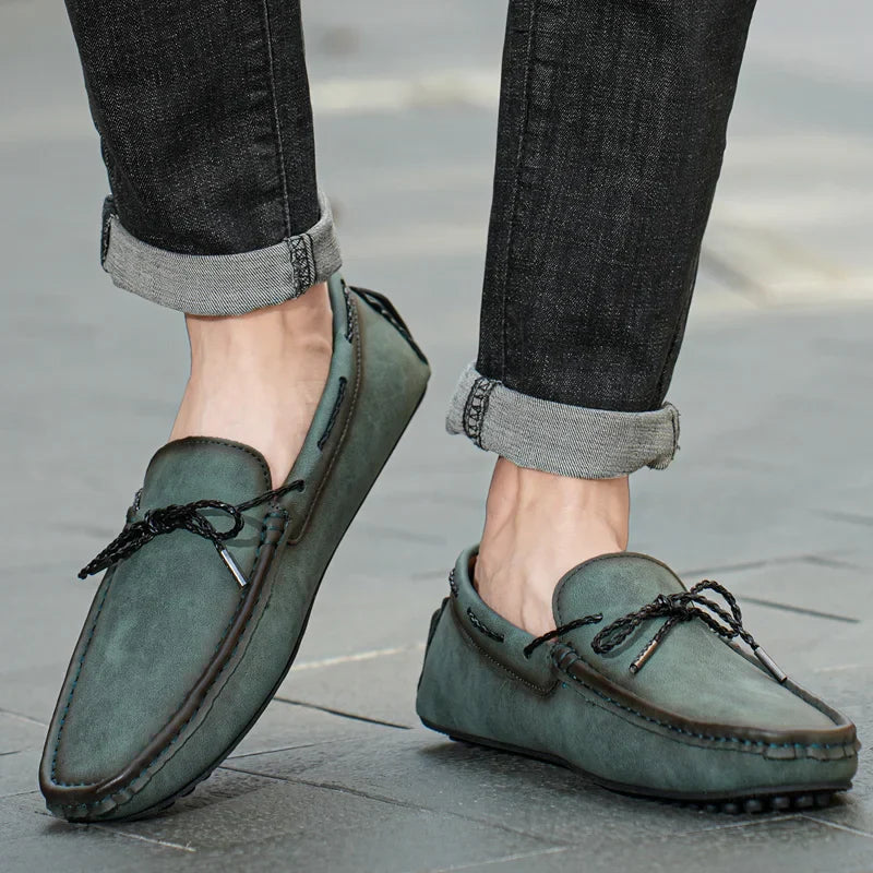Men’s Slip-On Driving Loafers with Almond Toe, Front Lace Detail, and Rubber Grip Sole