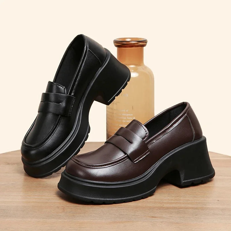 Women's Platform Loafers – Square Toe Slip-On Chunky Heel Loafers