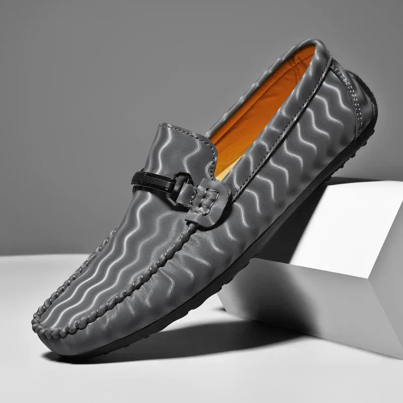 Men's Wave Pattern Leather Driving Loafers - Slip-On Penny Loafers