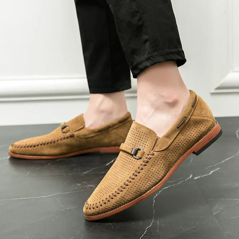 Men’s Slip-On Loafers with Almond Toe, Perforated Upper, and Flat Sole
