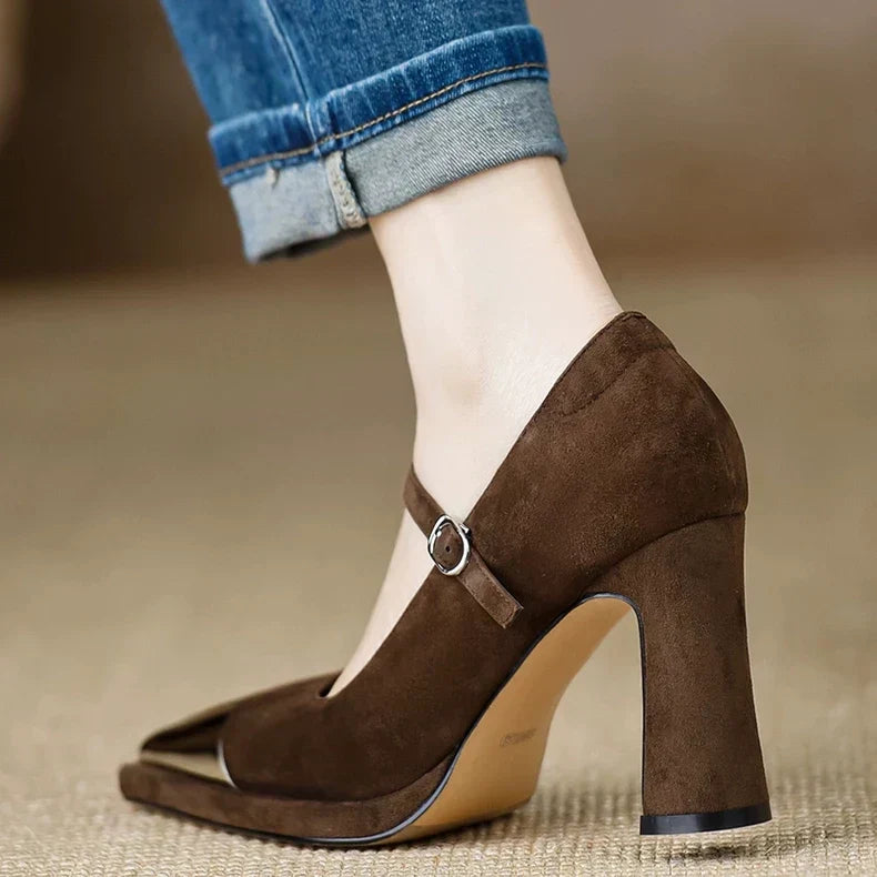 Women's Mary Jane Heels - Block Heel - Metal Toe Cap - Ankle Strap