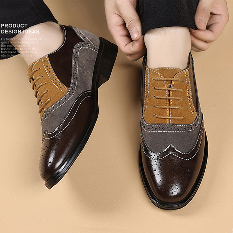Men's Leather Wingtip Brogue Oxford Shoes - Lace-Up Rubber Sole