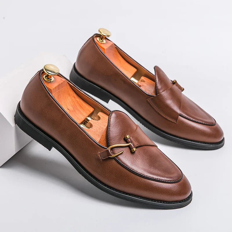 Men’s Classic Slip-On Loafers with Rounded Toe and Metal Detail