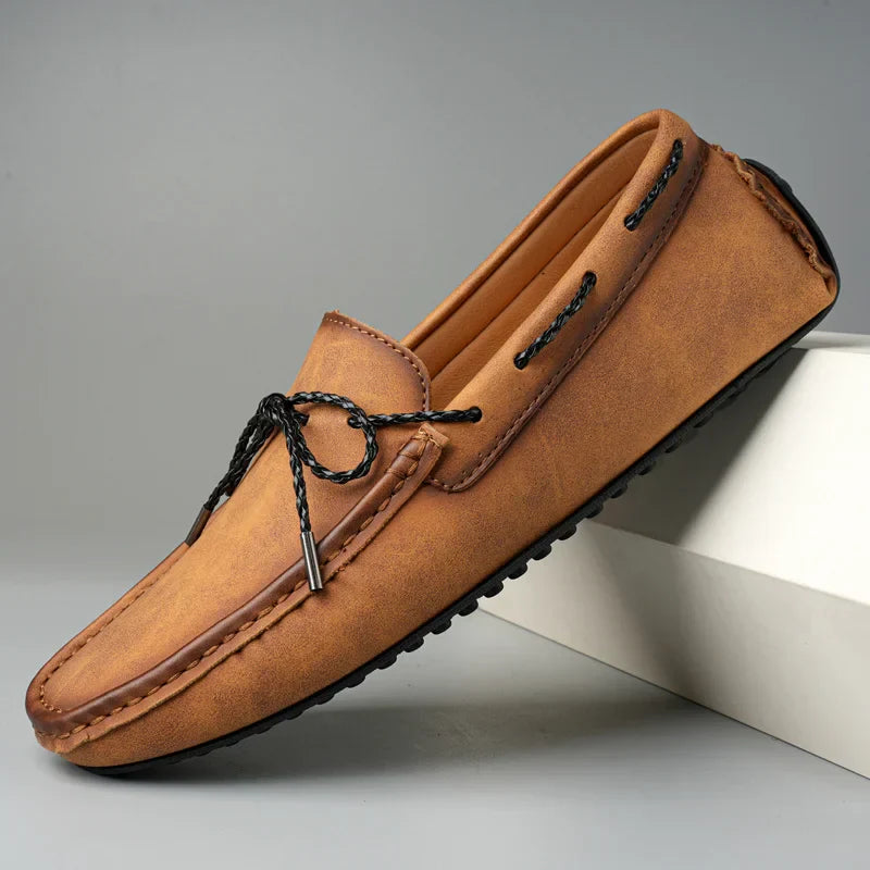 Men’s Slip-On Driving Loafers with Almond Toe, Front Lace Detail, and Rubber Grip Sole