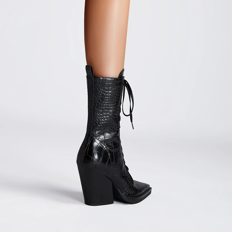 Women’s Faux-Leather Lace-Up Pointed-Toe Boots with Croc Texture and Block Heel