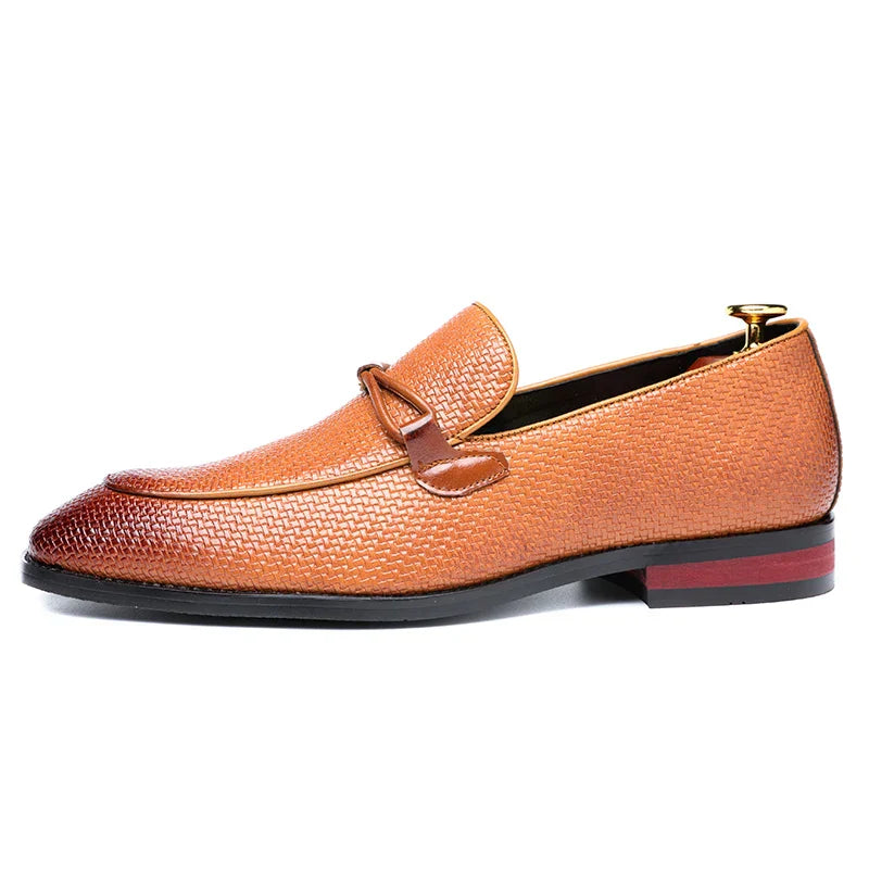Men's Penny Loafers - Pointed Toe - Woven Texture Upper - Low Block Heel