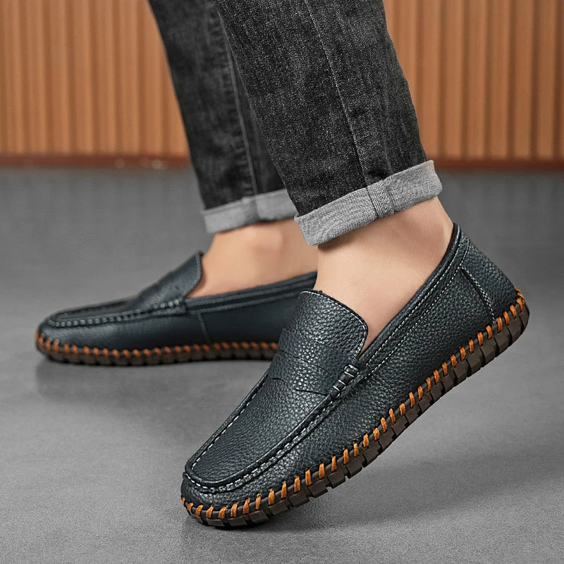 Men's Genuine Leather Penny Loafers - Hand-Stitched Slip-On