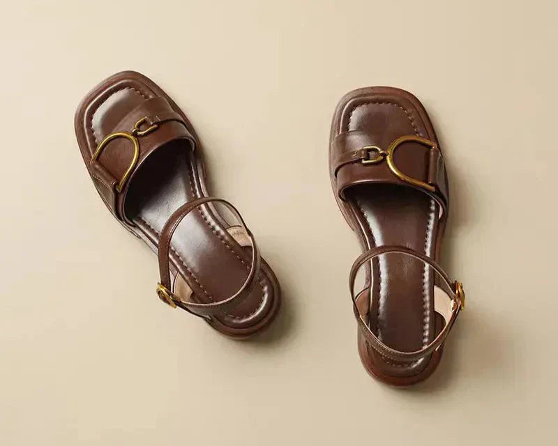 Women’s Open Toe Sandals with Buckle Strap and Metal Hardware