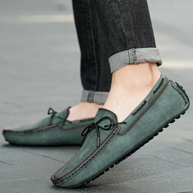 Men’s Slip-On Driving Loafers with Almond Toe, Front Lace Detail, and Rubber Grip Sole