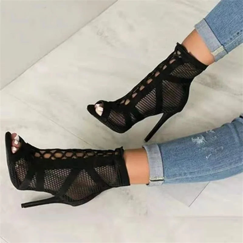 Women’s Open-Toe Lace-Up Ankle Boots with Mesh Panels and Stiletto Heel