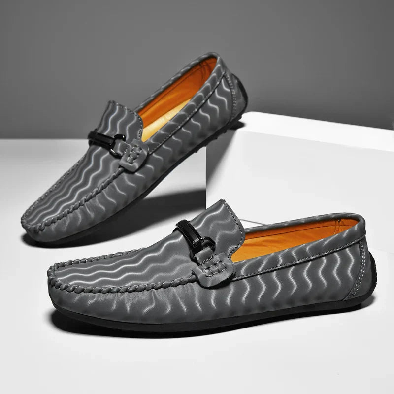Men's Wave Pattern Leather Driving Loafers - Slip-On Penny Loafers