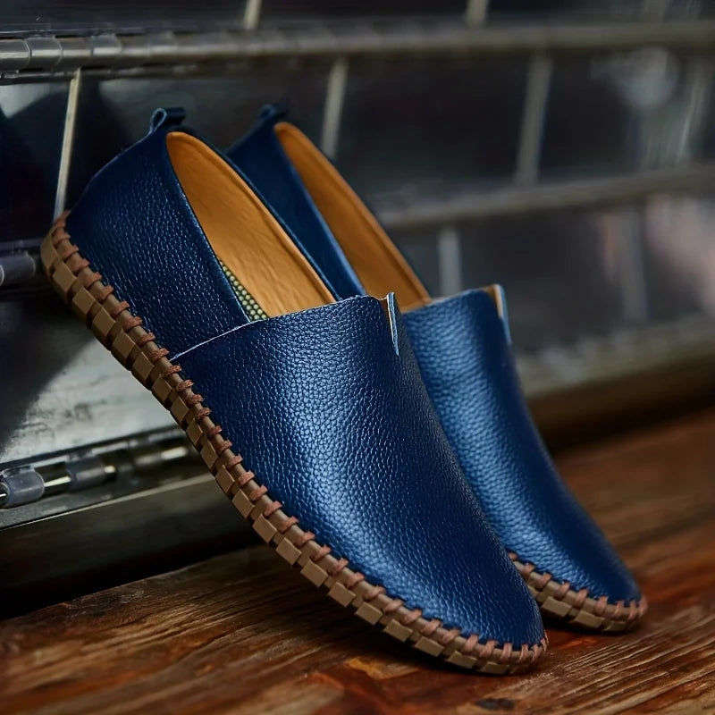 Men’s Slip-On Leather Summer Loafers with Almond Toe and Stitched Flat Sole