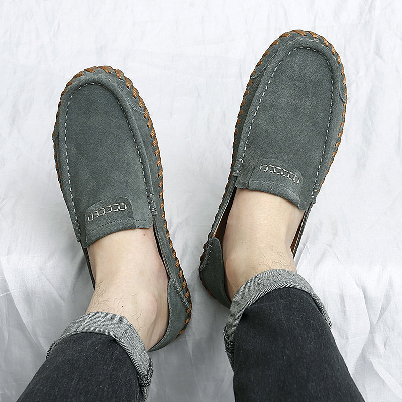 Men's Suede Slip-On Loafers - Rounded Toe - Stitched Moccasin Sole