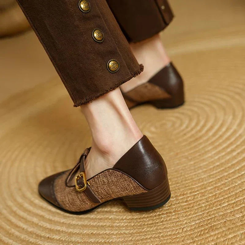 Women's Mary Jane Flats - T-Strap Buckle - Leather and Fabric Upper
