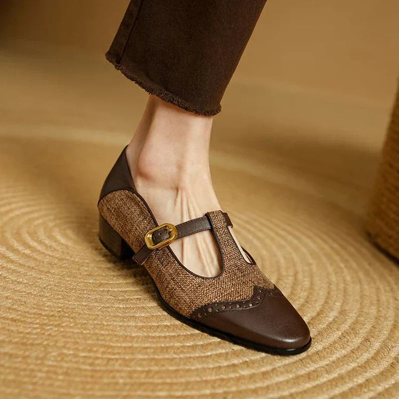 Women's Mary Jane Flats - T-Strap Buckle - Leather and Fabric Upper