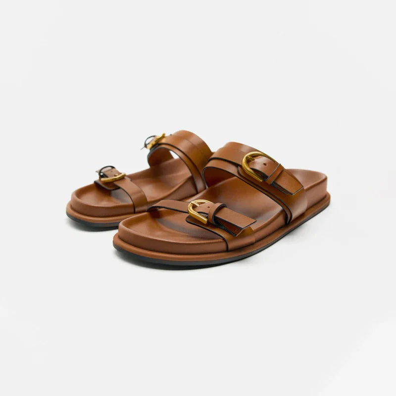 Women's Slide Sandals with Dual Buckle Straps - Open Toe Flat Slide - Gold-Tone Hardware