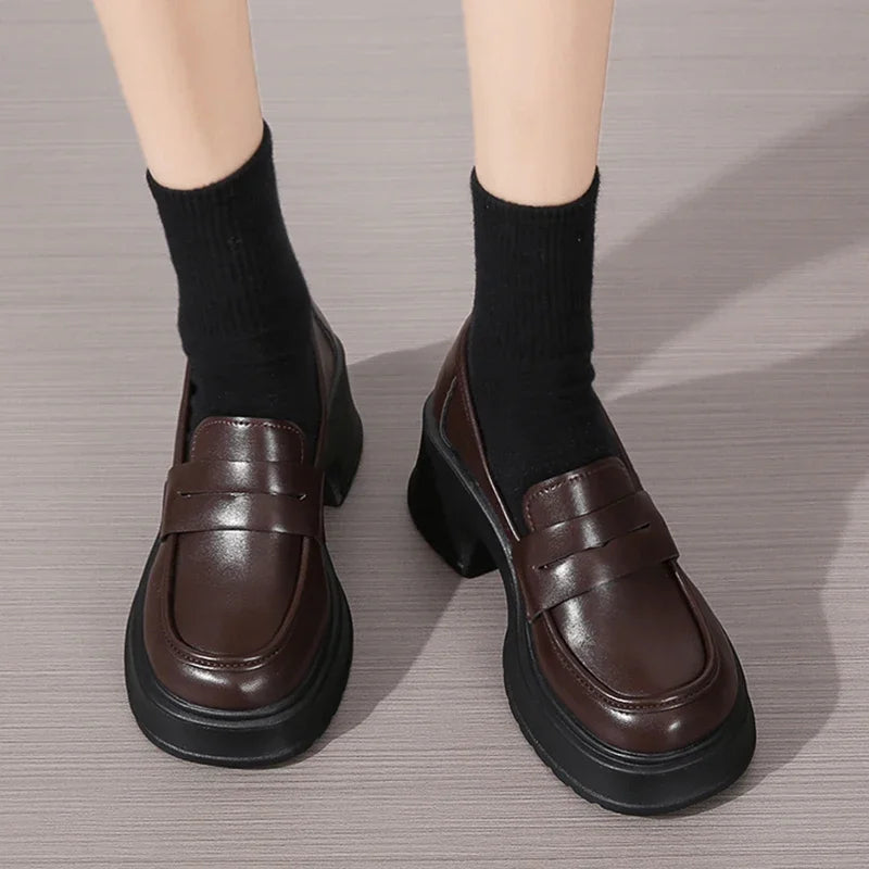 Women's Platform Loafers – Square Toe Slip-On Chunky Heel Loafers