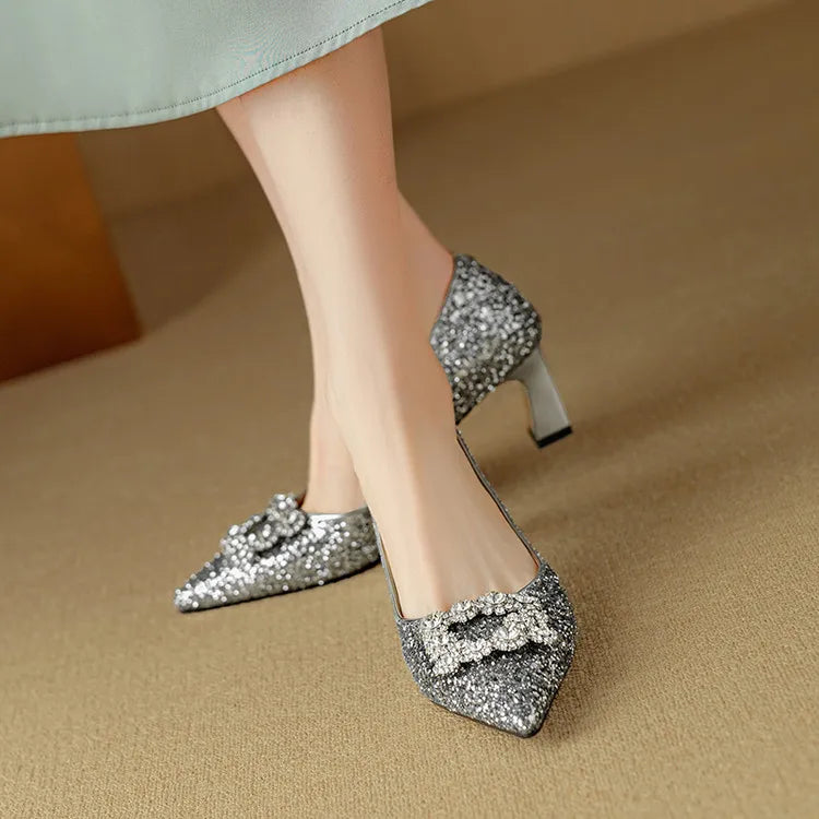 Women's Glitter Pumps - Pointed Toe - Rhinestone Detail - Block Heel