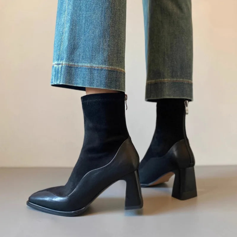 Women’s Ankle Boots with Block Heel and Spliced Panel Design