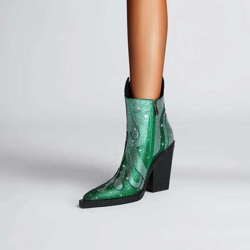 Women's Rhinestone Western Ankle Boots - Pointed Toe Block Heel