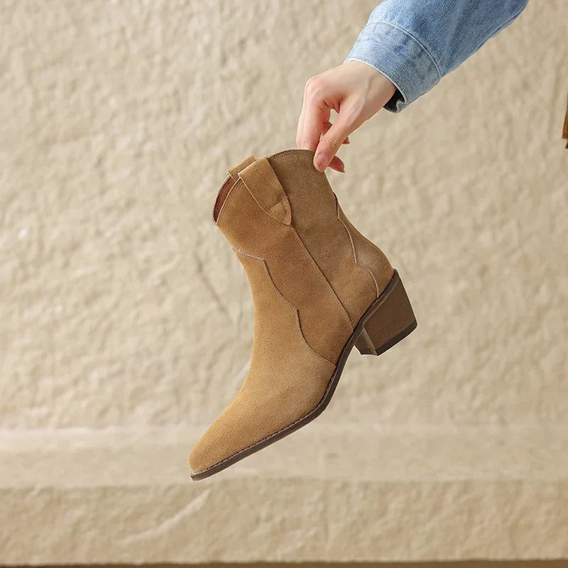 Women's Suede Cowgirl Boots - Pointed Toe Western Ankle Boots - Mid Block Heel - Pull-On