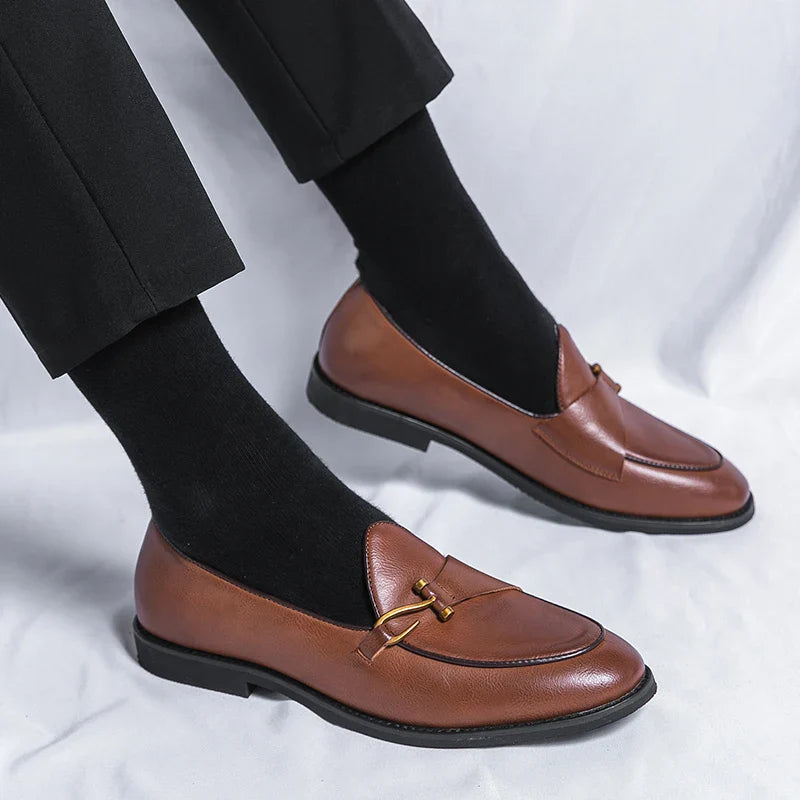 Men’s Classic Slip-On Loafers with Rounded Toe and Metal Detail