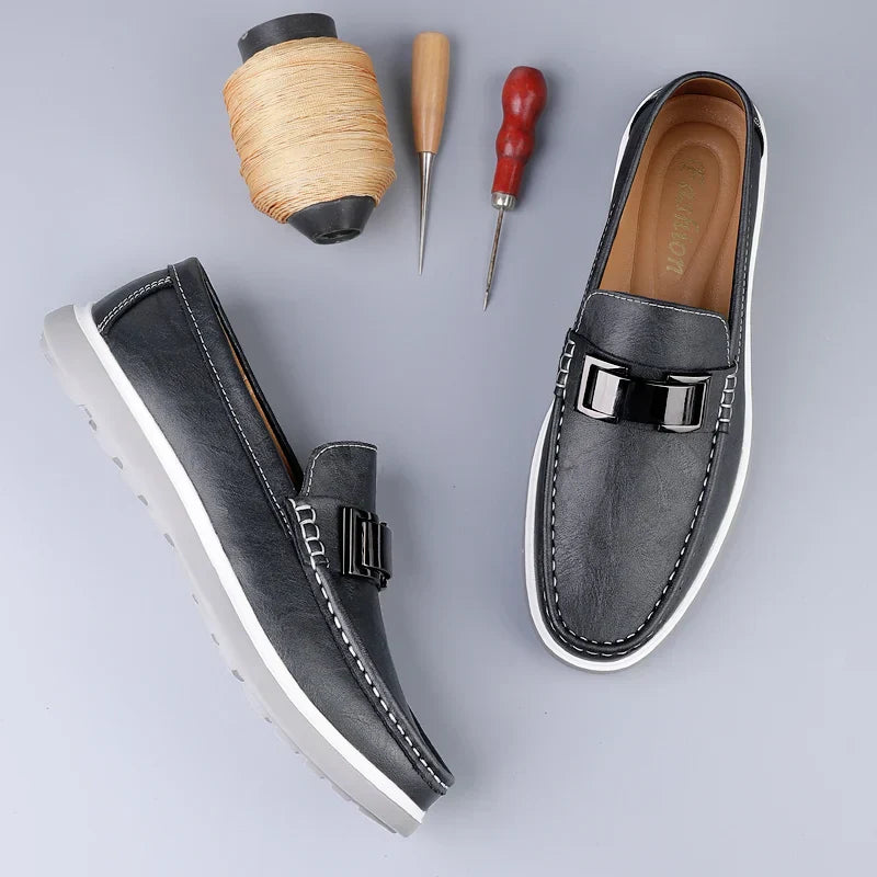 Men’s Almond Toe Slip-On Loafers with Metal Bit Detail and Flat Rubber Sole
