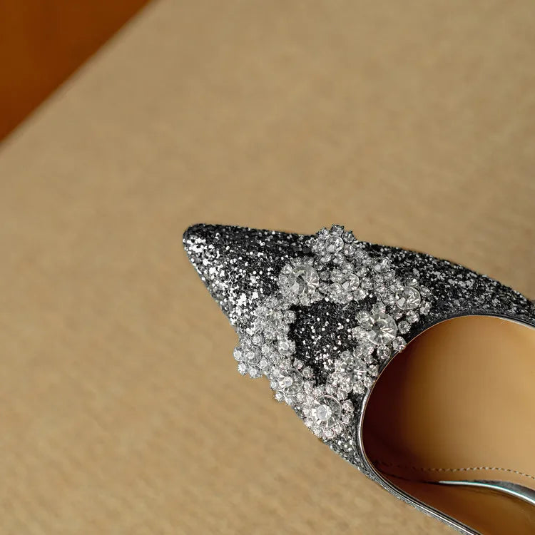 Women's Glitter Pumps - Pointed Toe - Rhinestone Detail - Block Heel