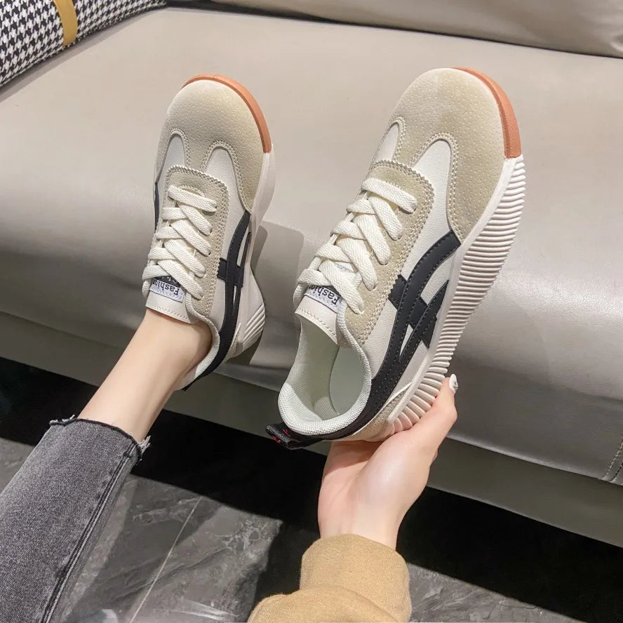 Women's Low-Top Platform Sneakers - Lace-Up Mixed Material Design