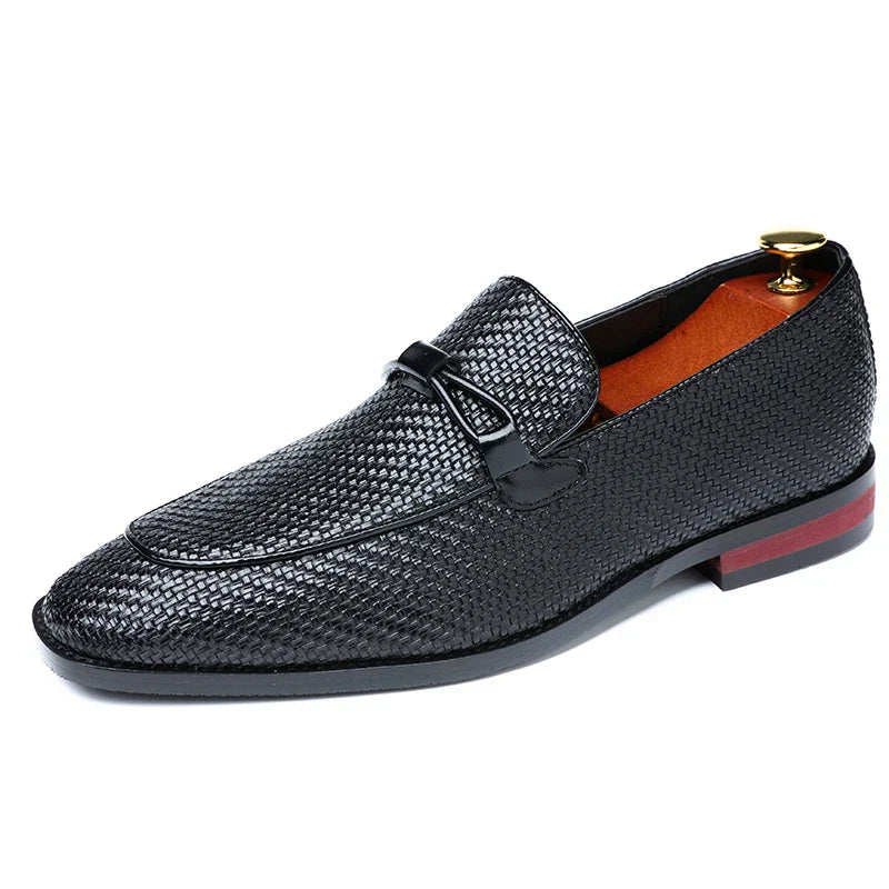 Men's Penny Loafers - Pointed Toe - Woven Texture Upper - Low Block Heel