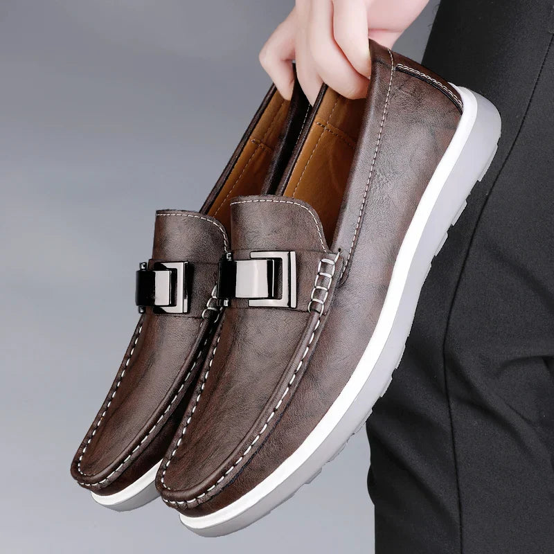 Men’s Almond Toe Slip-On Loafers with Metal Bit Detail and Flat Rubber Sole