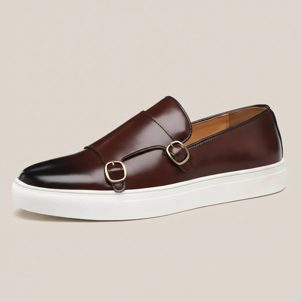 Men’s Slip-On Loafers with Almond Toe, Double Buckle Detail, and Flat Sole