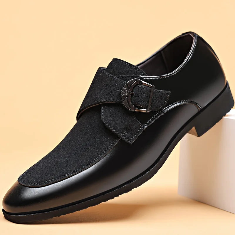 Men’s Almond Toe Monk Strap Dress Shoes with Buckle Closure and Low Block Heel