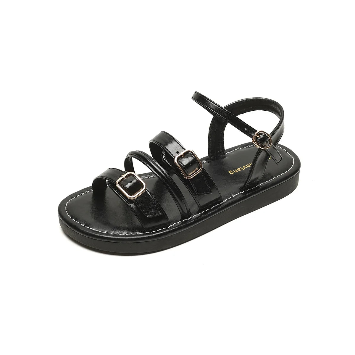 Women’s Flat Leather Sandals with Multi-Strap Buckle Design and Open Toe