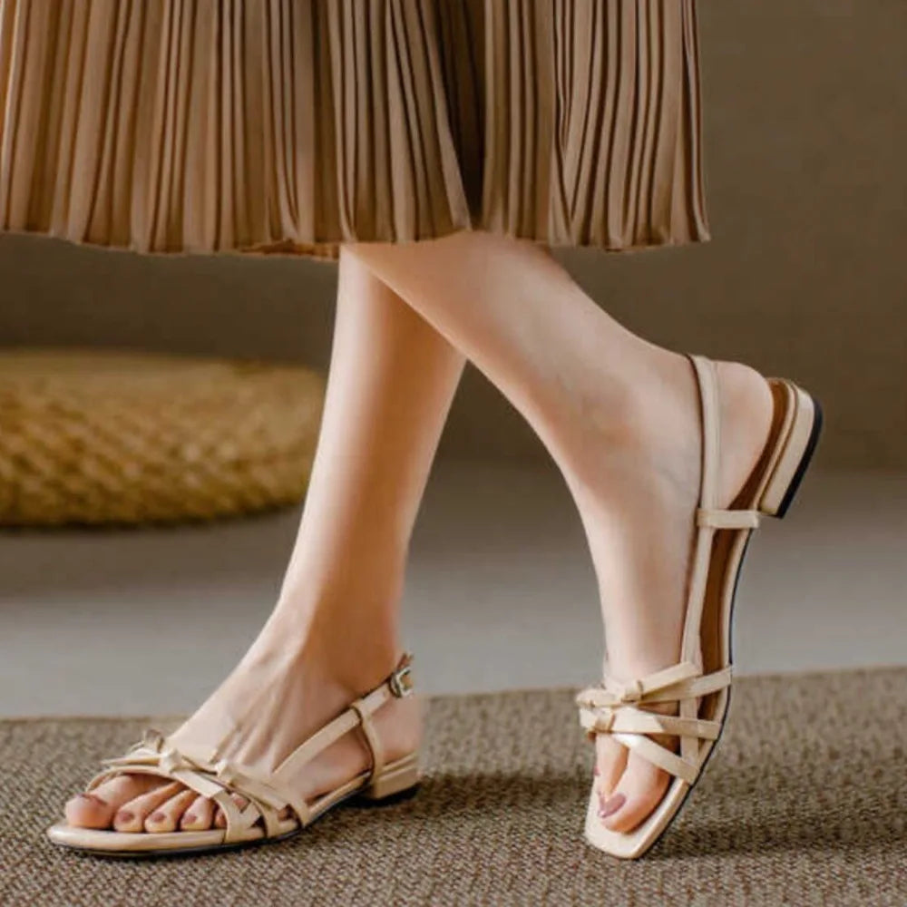 Women's Strappy Sandals - Square Toe - Slingback Buckle - Low Block Heel