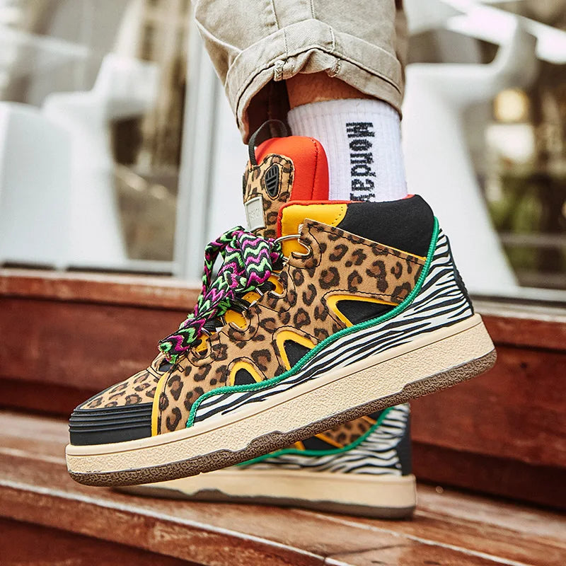 Unisex Leopard Print High-Top Sneakers with Bold Lace Detail
