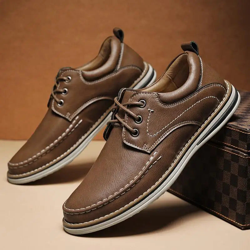 Men’s Rounded Toe Lace-Up Casual Shoes with Moc Stitching and Flat Rubber Sole