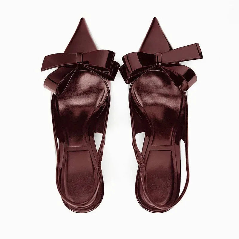 Women's Pointed Toe Slingback Heels - Patent Upper - Bow Detail - Stiletto