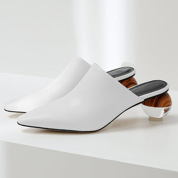 Women's Leather Pointed Toe Mules - Closed Toe - Sphere Heel - Slip-On Sandals