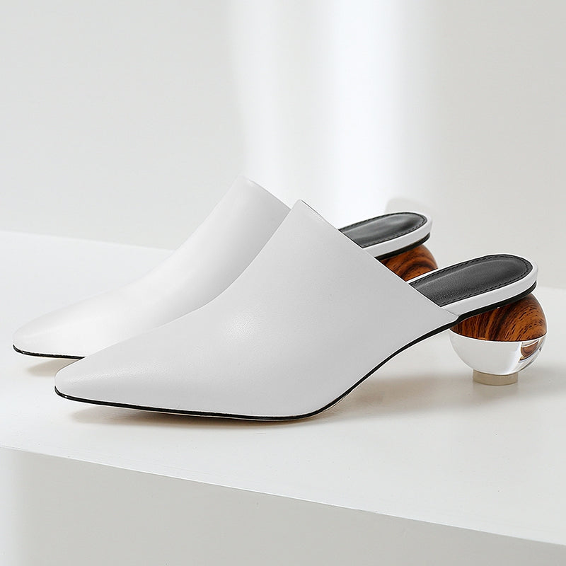 Women's Leather Pointed Toe Mules - Closed Toe - Sphere Heel - Slip-On Sandals