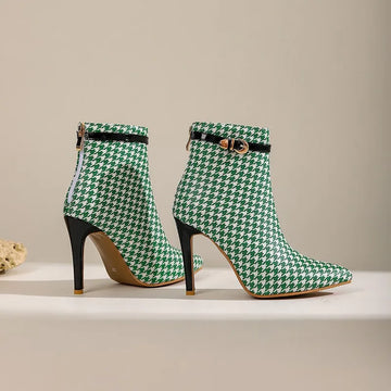 Women's Houndstooth Ankle Boots - Pointed Toe Stiletto Heels
