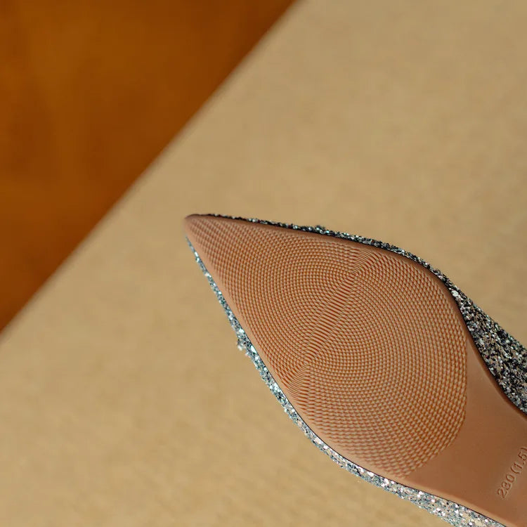Women's Glitter Pumps - Pointed Toe - Rhinestone Detail - Block Heel