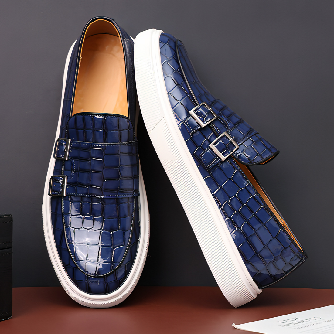 Men's Slip-On Loafers - Croc-Embossed - Single Monk Strap - Flatform Sole