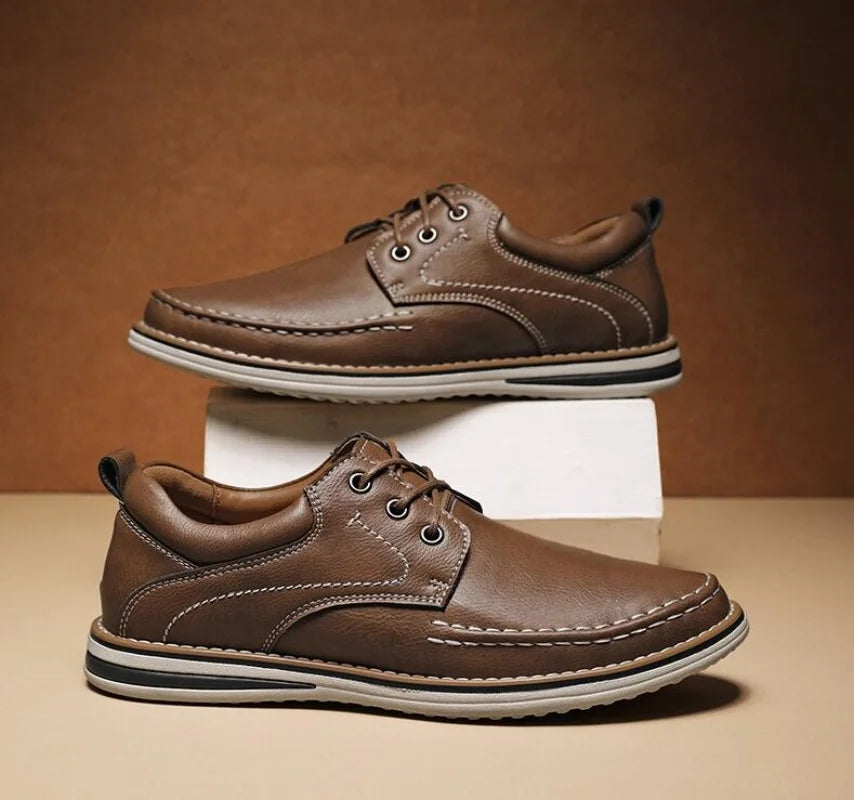 Men’s Rounded Toe Lace-Up Casual Shoes with Moc Stitching and Flat Rubber Sole