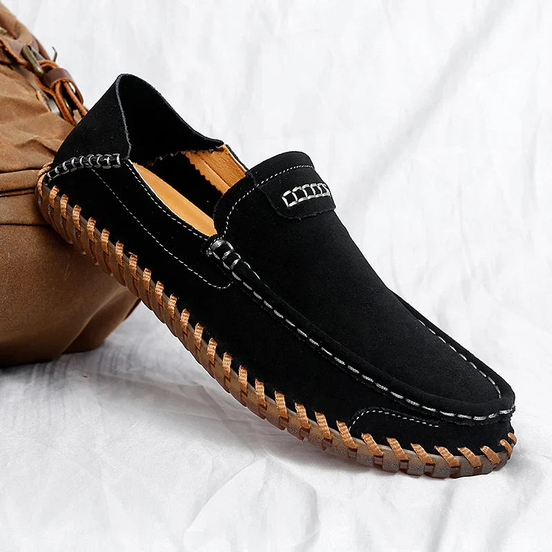 Men's Suede Slip-On Loafers - Rounded Toe - Stitched Moccasin Sole